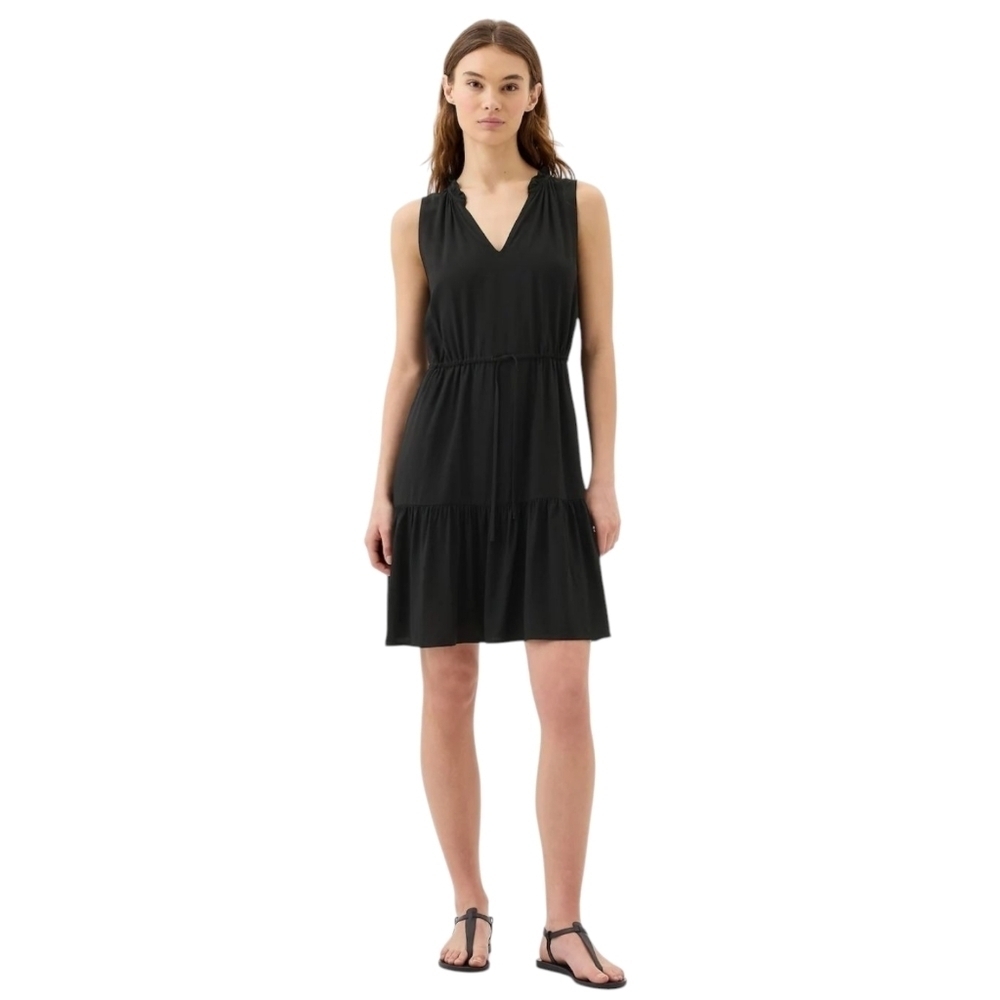 GAP Blouson Fit Flare Tank Dress Black Sleeveless V Neck Lightweight Large - Picture 2 of 7